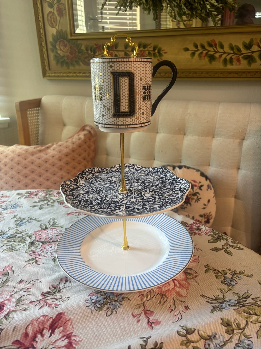 Anthropologie Blue and White Two-Tiered Dessert Stand with Monogram Mug
